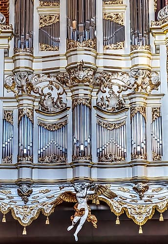 Closeup ornate white Organ St. Johns Church, Gdansk, Poland. Church originally from 1300s. Art Print